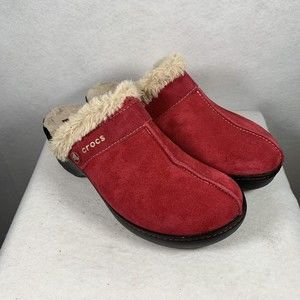 Crocs Women's Shoes Size 8 Cobbler Slip On Mule Clog Red Suede Faux Fur 11602